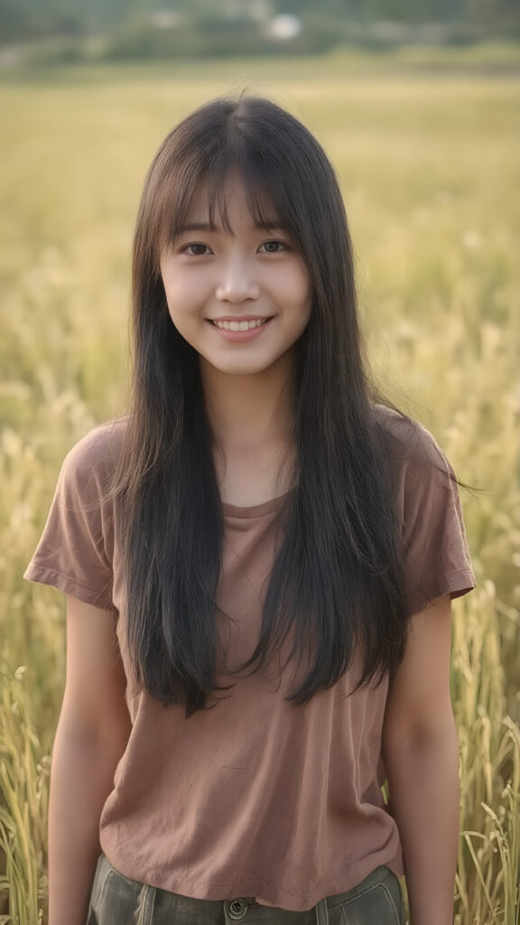 a beautiful and happy Korean girl with silky, straight jet-black hair stands in the middle of a rice paddy, smiling at the camera, wearing a poor, tattered short t-shirt, full body, perfect body, Her long hair falls over her shoulders and covers her upper body, ((realistic)) ((cinematic lights))