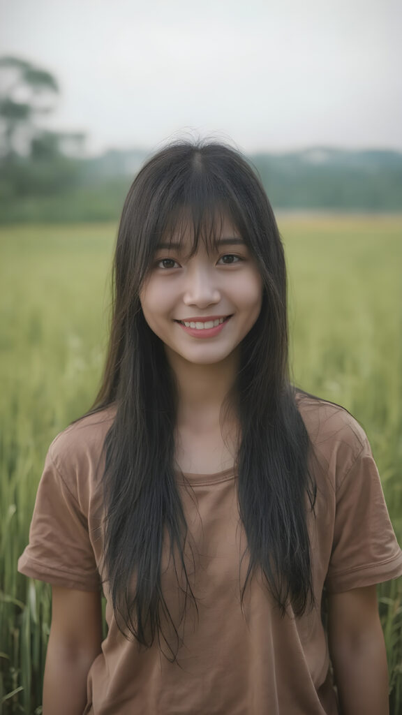 a beautiful and happy Korean girl with silky, straight jet-black hair stands in the middle of a rice paddy, smiling at the camera, wearing a poor, tattered short t-shirt, full body, perfect body, Her long hair falls over her shoulders and covers her upper body, ((realistic)) ((cinematic lights))