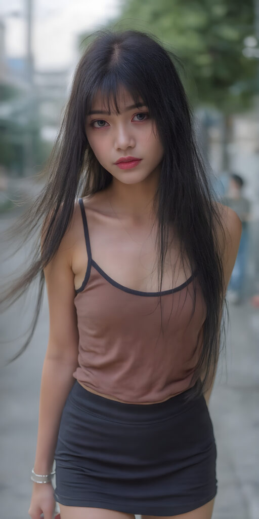 a (((beautiful young girl, perfect curved body))), with flowing, (((soft long straight black hair))). She is dressed in a sleek, (tank top and round mini skirt), photograph, stands in the street