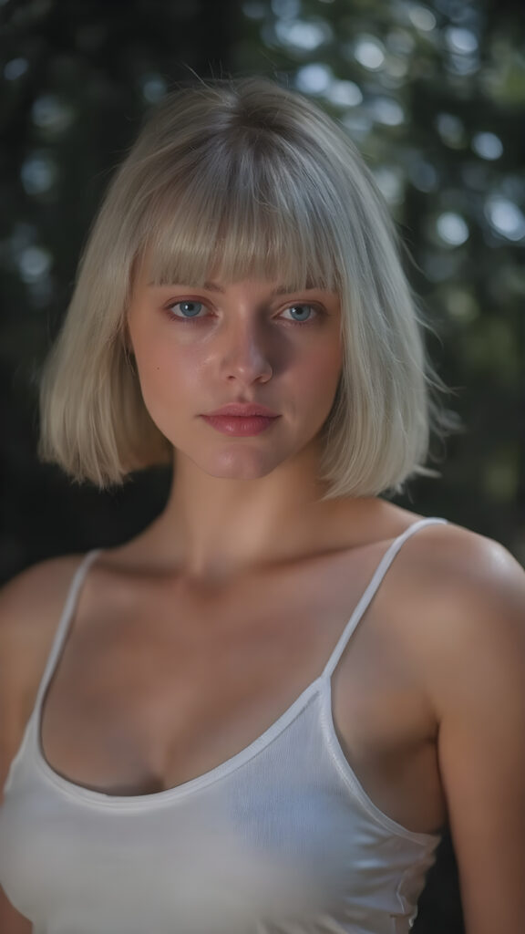 a (((beautiful girl))) in a ((forest at night)), with ((pale skin)) and ((brightly colored eyes)), white soft straight hair bob and bangs cut, dressed in a short white (((spaghetti top))), which gently billows around her form, accentuating her perfect curved figure and softly illuminated by the glow of (natural forest light)