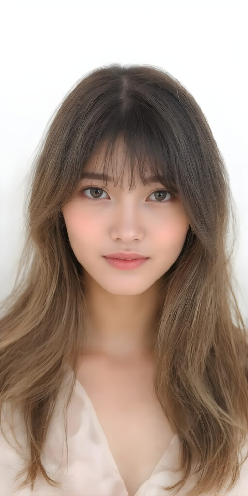 a (((wonderful, detailed hand drawing))) show (((beautiful, thoughtful and expressive cute adult Asian girl))), with (((softly curved long brown straight hair, bangs))), natural (looking) light green eyes, and (delicate yet defined cheekbones), poised in a (seductively thoughtful pose) with a ((flawlessly matching set of pearly white teeth)) and elegantly draped ((natural looking)) light sheer draped garments, ((completely covering her front and back, and perfectly shaped to convey a sense of natural beauty)), against a (natural looking, detailed white backdrop), head is centered
