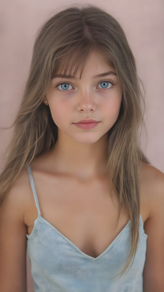a (((beautiful, cute, and slender young girl))), with (light tan skin) and (very long, straight, thick, dark brown hair) that gives off a youthful glow, paired with (adorable puffy light blue eyes) that emit a sense of realism, all framed by a cozy (pastel color cropped short spaghetti tank top, deep v-neck) and (matching pastel blue jeans) cut in a (soft, pastel aesthetic) style that complements her (cheerful, happy expression) full body view