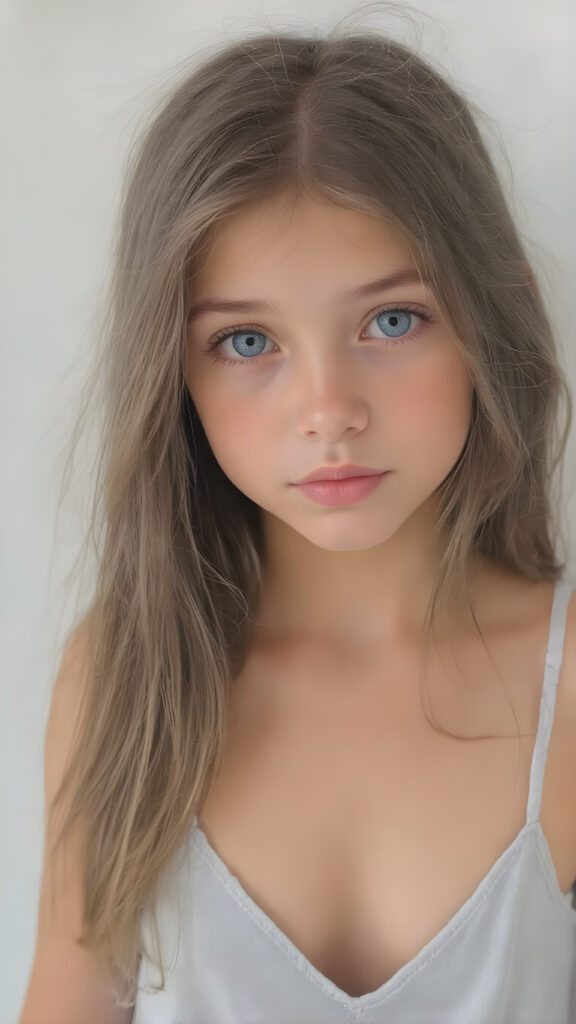 a (((beautiful, cute, and slender young girl))), with (light tan skin) and (very long, straight, thick, dark brown hair) that gives off a youthful glow, paired with (adorable puffy light blue eyes) that emit a sense of realism, all framed by a cozy (pastel color cropped short spaghetti tank top, deep v-neck) and (matching pastel blue jeans) cut in a (soft, pastel aesthetic) style that complements her (cheerful, happy expression) full body view