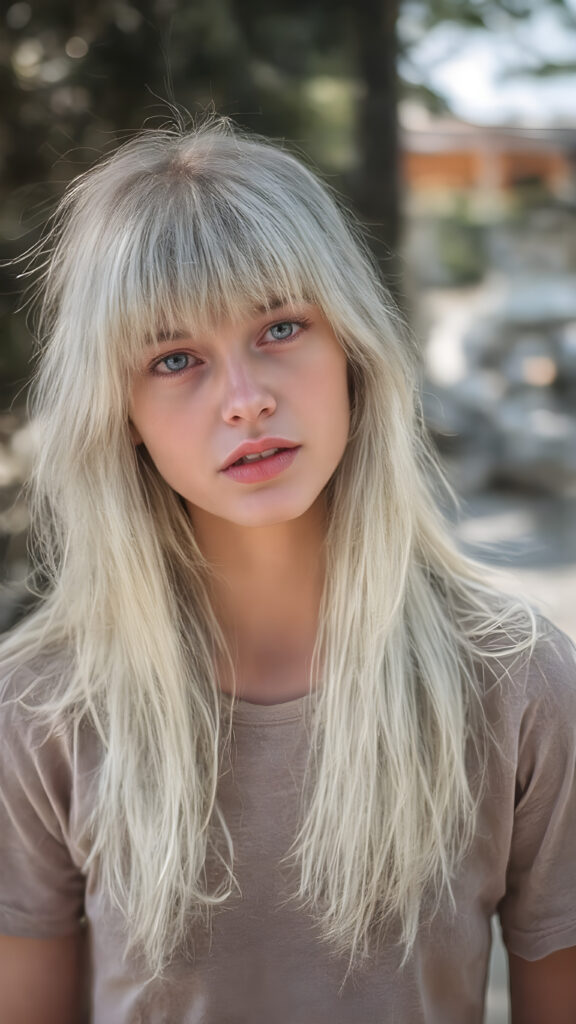 a (((beautiful young teen girl with a beautiful voice))), with super straight flowing, (((bright white hair, bangs))), (((extremely skinny and slender, with a sleek, yet softly proportioned figure))), wearing a ((t-shirt)) that accentuates her toned physique against a backdrop of a sunny, outdoor setting