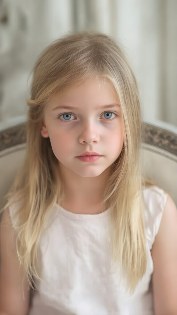 a beautiful blond straight haired young girl sitting in an elegant chair.