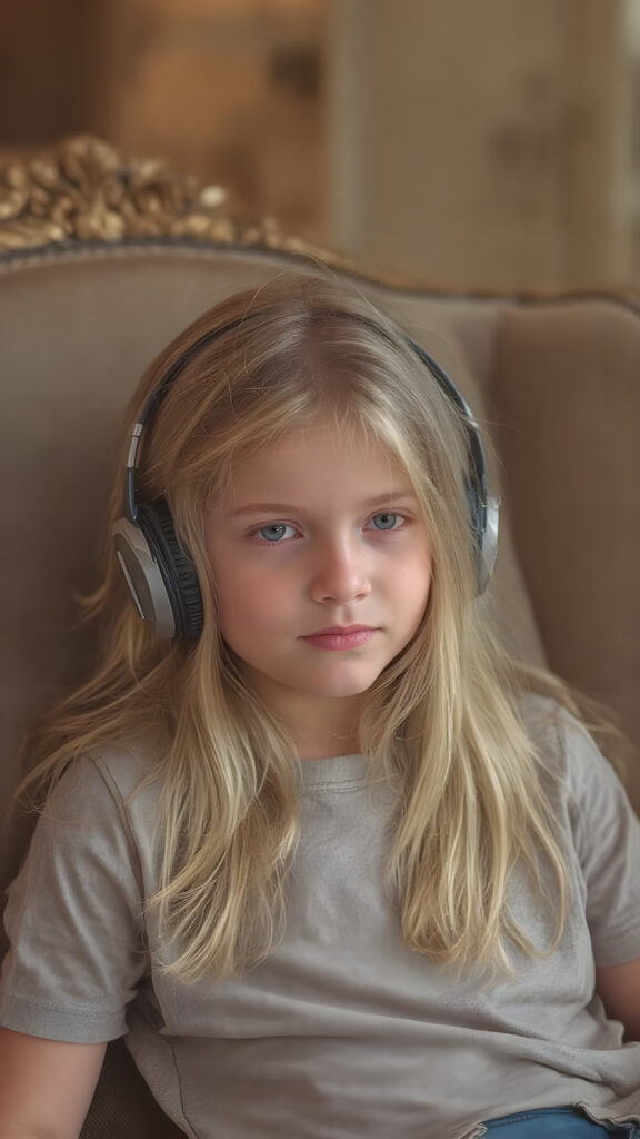 a beautiful blond haired young girl wearing a headphones sitting in an elegant chair.