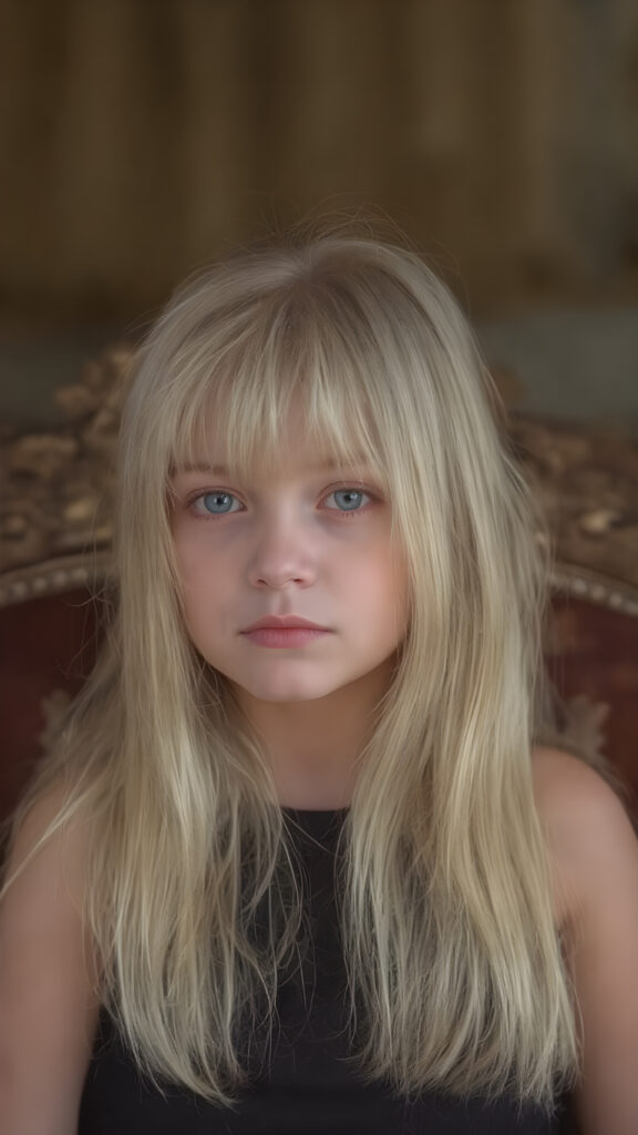 a beautiful blond straight haired young girl sitting in an elegant chair.