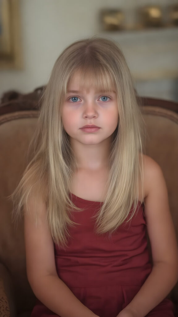 a beautiful blond straight haired young girl sitting in an elegant chair.