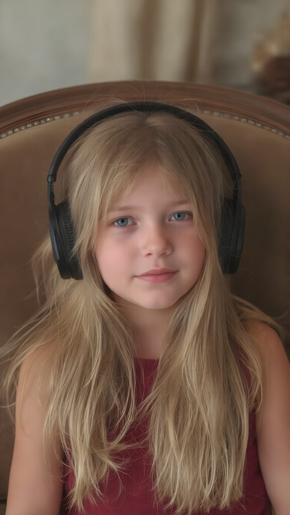a beautiful blond haired young girl wearing a headphones sitting in an elegant chair.