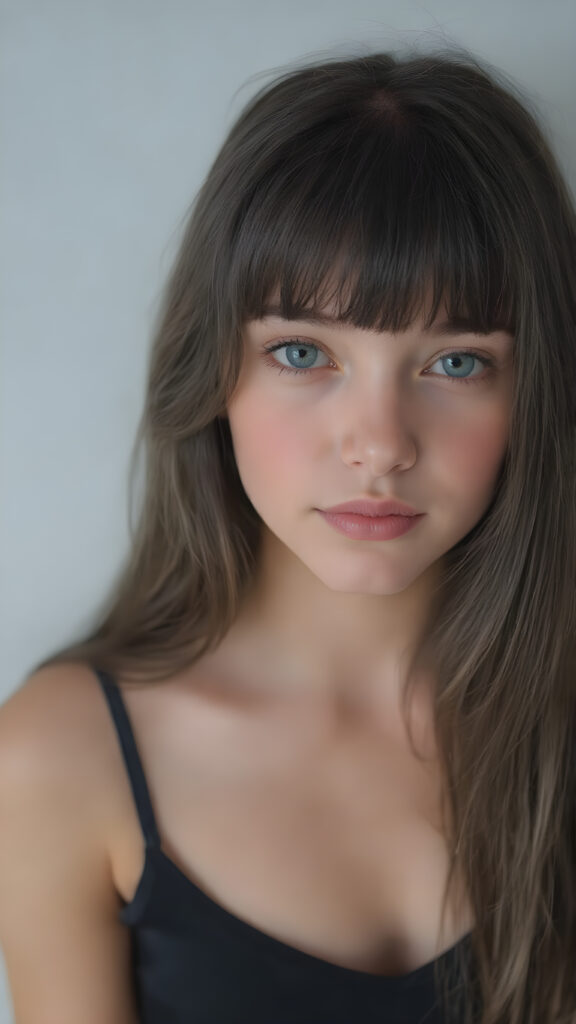 a (((beautiful young teen girl looks like a doll))), with ((long, straight black hair, bangs)), and ((big, expressive, bright, natural light blue eyes)), that convey a sense of youthful allure. Her ((skin is flawless)). She's ((busty)), with ((big, round, full, slightly parted lips that add to her enchanting smile)). Her ((almond skin)) adds to her ((natural beauty)), with ((mini low-cut v-neck tank top, perfect and cute detailed belly button)), light grey studio backdrop, ( Hyper-detailed Warm tones Dramatic lighting Cinematic )