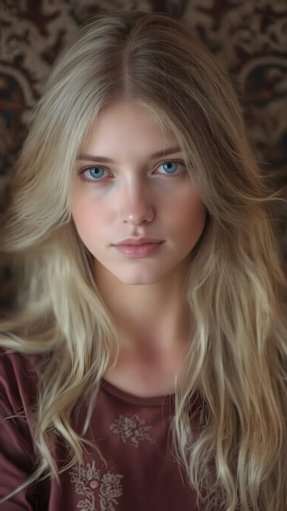 a (((beautiful witch girl))) with luxurious, (((shiny very long blond soft hair))), flawless skin, and a serene expression, her face and form are intricately detailed, giving off a soft glow that adds a touch of magic, she's dressed in a ((silk dress with designs of small flowers)), which accentuates her elegant figure, blending seamlessly with the intricate patterns and colors of the setting