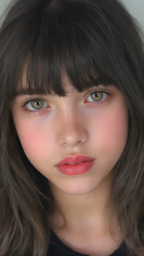a beautiful (((young innocent girl))), with straight, (((long, black hair))), that softly curls into (vividly colored) bangs, framing a round face she's got big, bright, playful eyes that are captivating and inviting. Her lips are full and painted in (deep red) lipstick, complemented by (shades of pink) eyeshadow that accentuate her cheeks and add a pop of color to her overall look. Her skin is (pale white) , she's got beautiful, (brightly coloured) cheeks and (glowing) lips that add a pop of colour to her overall look. She wears a black oversized t-shirt