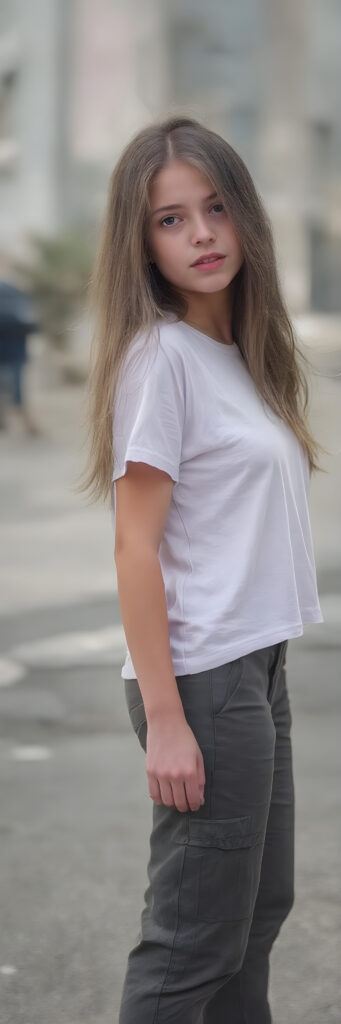 a (((beautiful young girl, perfect body, 15 years old))), with flowing, (((soft long straight brown hair))). (She is dressed in a sleek, ((t-shirt)), cargo pants), exuding just the right amount of youthful charm, photograph, full body side view, stands in the street