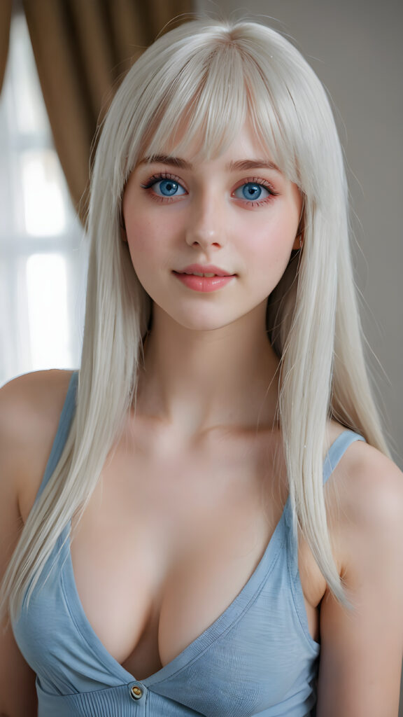 a (((beautiful young girl looks like a cute doll))), with ((long, straight white hair, bangs)), and ((big, expressive, bright, natural light blue eyes)), that convey a sense of youthful allure. Her ((skin is flawless)). She's ((busty)), with ((big, round, full, slightly parted lips that add to her enchanting smile)). Her ((almond skin)) adds to her ((natural beauty)), with ((mini low-cut v-neck tank top, perfect and cute detailed belly button)), light grey studio backdrop, ( Hyper-detailed Warm tones Dramatic lighting Cinematic )