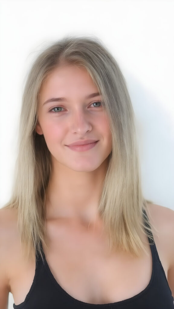 a (((beautiful busty young teen girl))), with straight (((light blond hair))) styled in a cropped and tight fitting (((black short tank top))). Her smile comes alive, revealing naturally full lips that match the perfect shade of detail and clarity. She exudes a youthful vibe, reminiscent of a high school senior, with a petite, yet perfectly proportioned figure, that perfectly complements her advanced features and advanced beauty, white backdrop