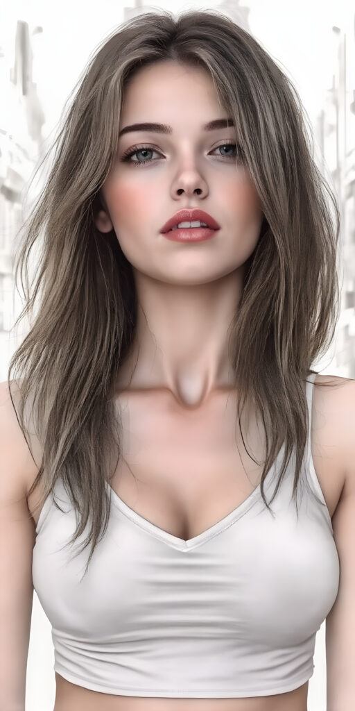 a (((beautiful young well busty teen girl, perfect curved body))), with flowing, (((soft long straight brown hair))). She is dressed in a sleek, (white cropped short tank top, deep v-neck), photograph, stands in the street
