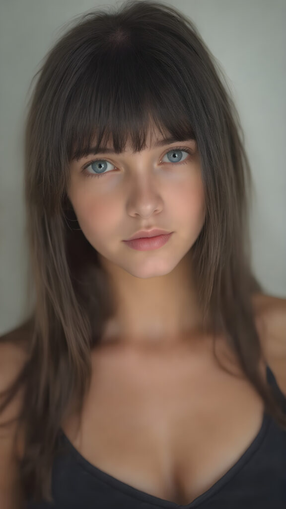 a (((beautiful young teen girl looks like a doll))), with ((long, straight black hair, bangs)), and ((big, expressive, bright, natural light blue eyes)), that convey a sense of youthful allure. Her ((skin is flawless)). She's ((busty)), with ((big, round, full, slightly parted lips that add to her enchanting smile)). Her ((almond skin)) adds to her ((natural beauty)), with ((mini low-cut v-neck tank top, perfect and cute detailed belly button)), light grey studio backdrop, ( Hyper-detailed Warm tones Dramatic lighting Cinematic )