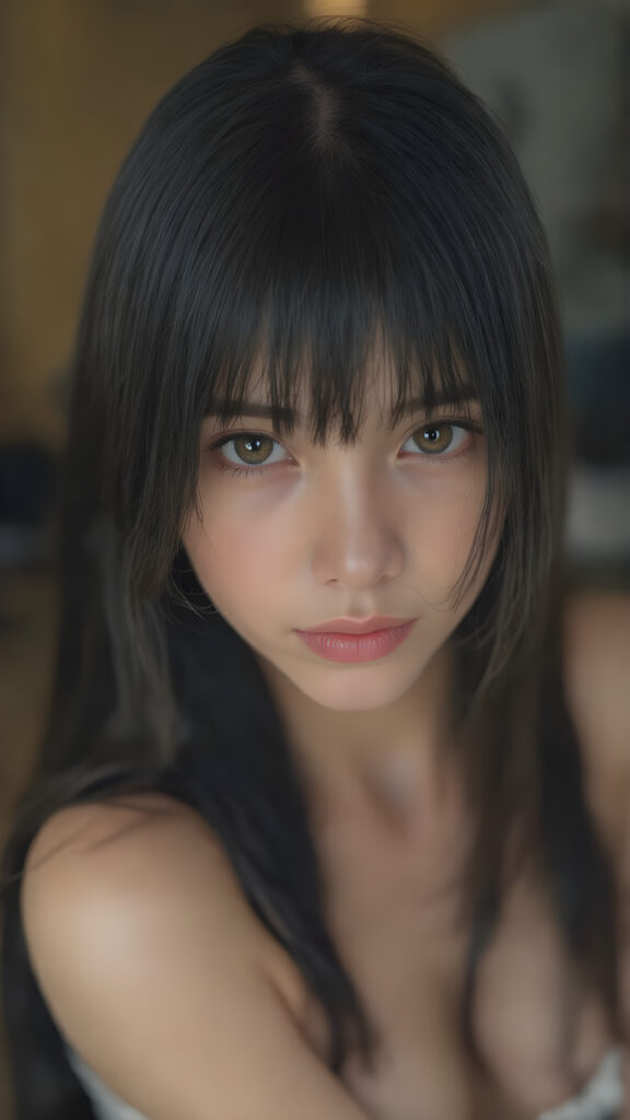 a (((beautiful young girl))) with long, straight black hair and (realistic) dark brown eyes, perfect for showcasing extremely detailed curved body, highly detailed realistic anatomy, realistic digital painting, (((looks at the camera)))