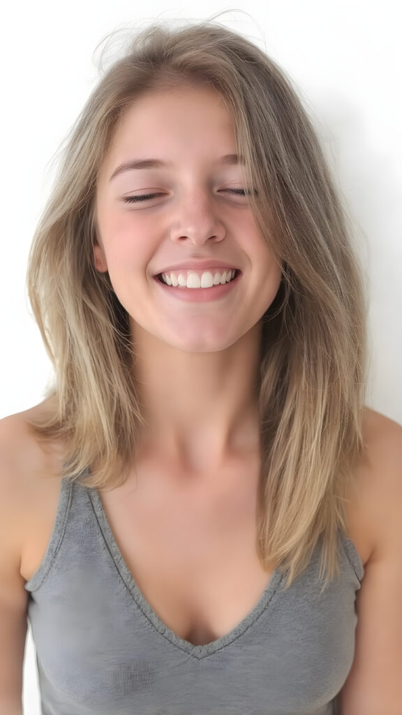 a (((beautiful busty young teen girl))), with straight (((light soft amber hair))) styled in a cropped and tight fitting (((grey short tank top, deep v-neck))). She has closed eyes and wide open mouth and white teeth and enjoy her desire. Round detailed cute face. She exudes a youthful vibe, reminiscent of a high school senior, with a petite, yet perfectly proportioned figure, that perfectly complements her advanced features and advanced beauty, white backdrop