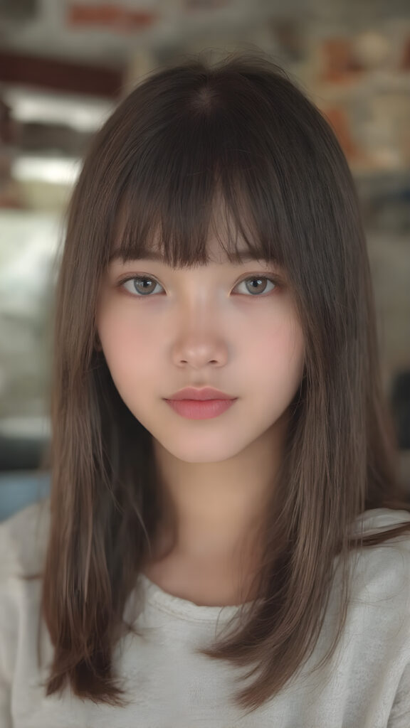 a beautiful close-up portrait of a young and pretty Oriental teen girl, 15 years old. She has an angelic face and long, straight ((maroon hair)) in bangs cut, full lips, (light brown eyes)), ((detailed)) ((stunning)) ((gorgeous)), perfect light, realistic shadows