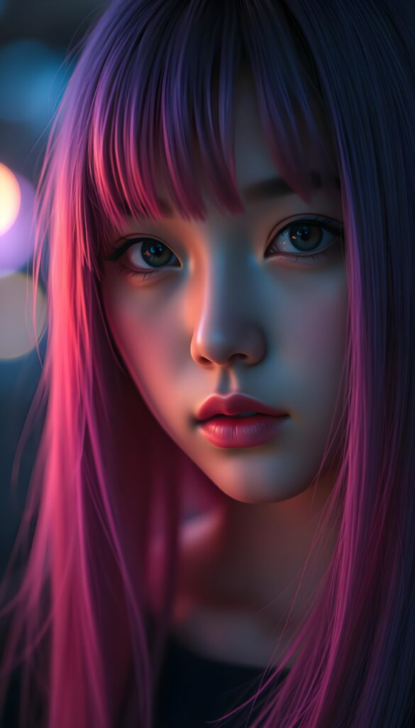 a beautiful close up photo shows a young girl, the ((hair in glowing pink and purple colors)) ((detailed and realistic straight hair)), ((detailed, realistic drawing)) ((gorgeous)) ((stunning)) ((cute)), Anime Style
