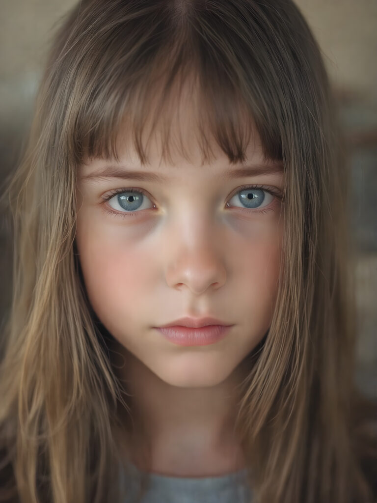 a beautiful close-up portrait of a young, innocent and pretty teen girl, 13 years old. She has an angelic face and long, straight ((soft dark hair)), bangs cut, (light blue eyes)), ((detailed)) ((stunning)) ((gorgeous)), perfect light, realistic shadows