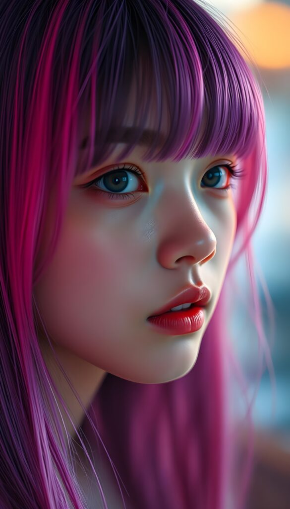 a beautiful close up photo shows a young girl, the ((hair in glowing pink and purple colors)) ((detailed and realistic straight hair)), ((detailed, realistic drawing)) ((gorgeous)) ((stunning)) ((cute)), Anime Style