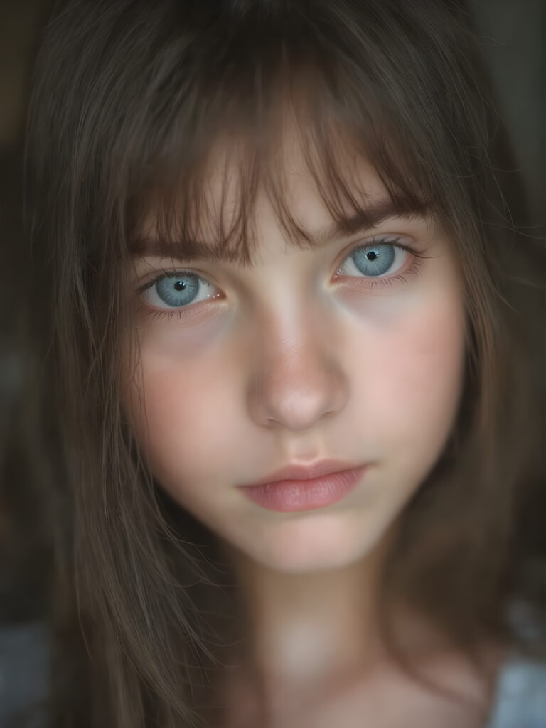 a beautiful close-up portrait of a young, innocent and pretty teen girl, 13 years old. She has an angelic face and long, straight ((soft dark hair)), bangs cut, (light blue eyes)), ((detailed)) ((stunning)) ((gorgeous)), perfect light, realistic shadows