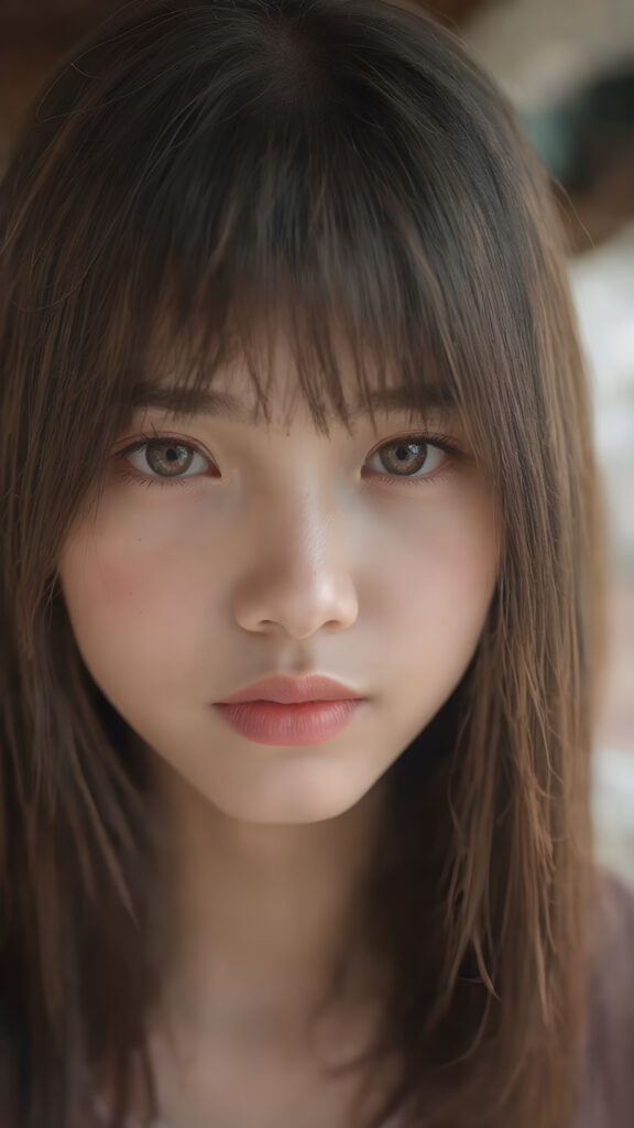 a beautiful close-up portrait of a young and pretty Oriental teen girl, 15 years old. She has an angelic face and long, straight ((maroon hair)) in bangs cut, full lips, (light brown eyes)), ((detailed)) ((stunning)) ((gorgeous)), perfect light, realistic shadows