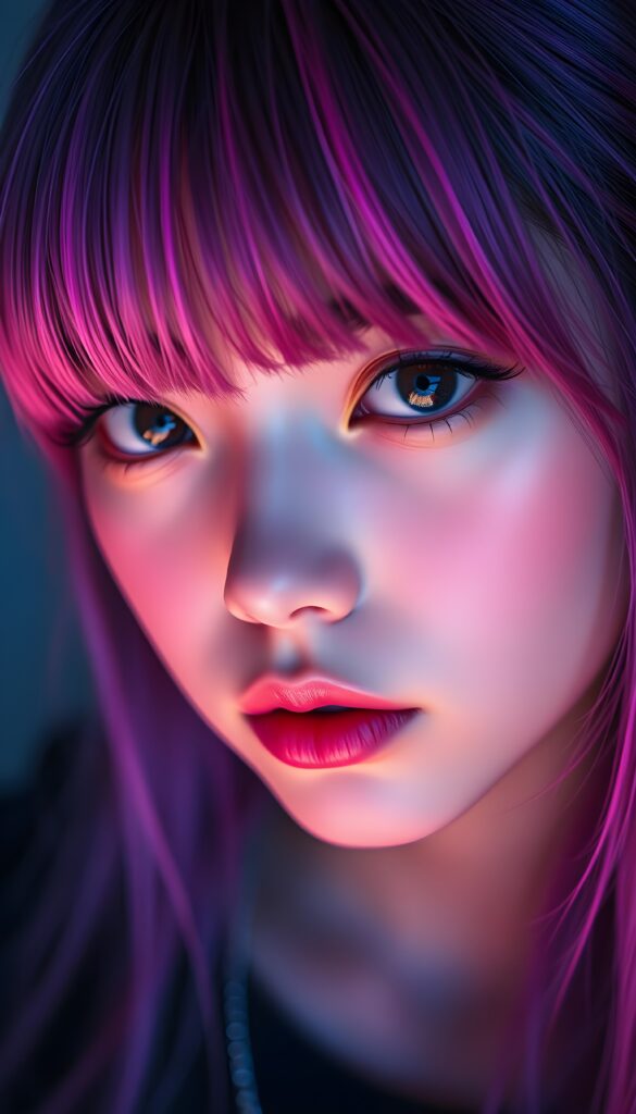 a beautiful close up photo shows a young girl, the ((hair in glowing pink and purple colors)) ((detailed and realistic straight hair)), ((detailed, realistic drawing)) ((gorgeous)) ((stunning)) ((cute)), Anime Style