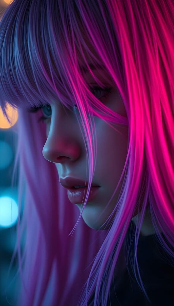 a beautiful close up photo shows a young girl, the ((hair in glowing pink and purple colors)) ((detailed and realistic straight hair)), ((detailed, realistic drawing)) ((gorgeous)) ((stunning)) ((cute)), Anime Style