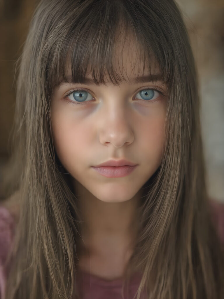a beautiful close-up portrait of a young, innocent and pretty teen girl, 13 years old. She has an angelic face and long, straight ((soft dark hair)), bangs cut, (light blue eyes)), ((detailed)) ((stunning)) ((gorgeous)), perfect light, realistic shadows
