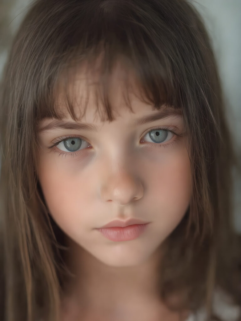 a beautiful close-up portrait of a young, innocent and pretty teen girl, 13 years old. She has an angelic face and long, straight ((soft dark hair)), bangs cut, (light blue eyes)), ((detailed)) ((stunning)) ((gorgeous)), perfect light, realistic shadows