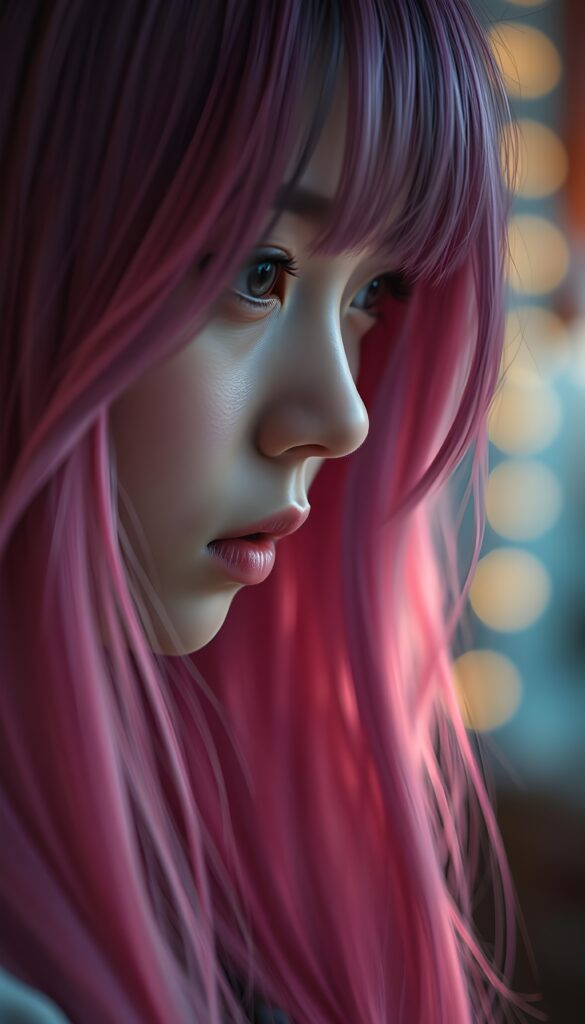 a beautiful close up photo shows a young girl, the ((hair in glowing pink and purple colors)) ((detailed and realistic straight hair)), ((detailed, realistic drawing)) ((gorgeous)) ((stunning)) ((cute)), Anime Style