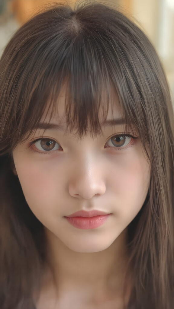 a beautiful close-up portrait of a young and pretty Oriental teen girl, 15 years old. She has an angelic face and long, straight ((maroon hair)) in bangs cut, full lips, (light brown eyes)), ((detailed)) ((stunning)) ((gorgeous)), perfect light, realistic shadows