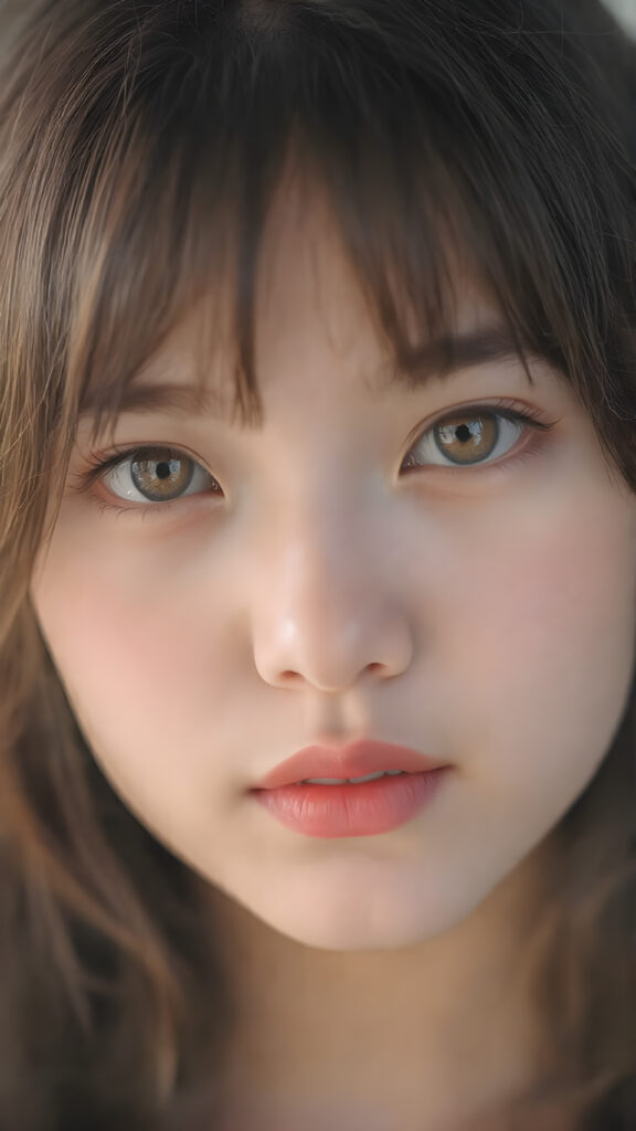 a beautiful close-up portrait of a young and pretty Oriental teen girl, 15 years old. She has an angelic face and long, straight ((maroon hair)) in bangs cut, full lips, (light brown eyes)), ((detailed)) ((stunning)) ((gorgeous)), perfect light, realistic shadows