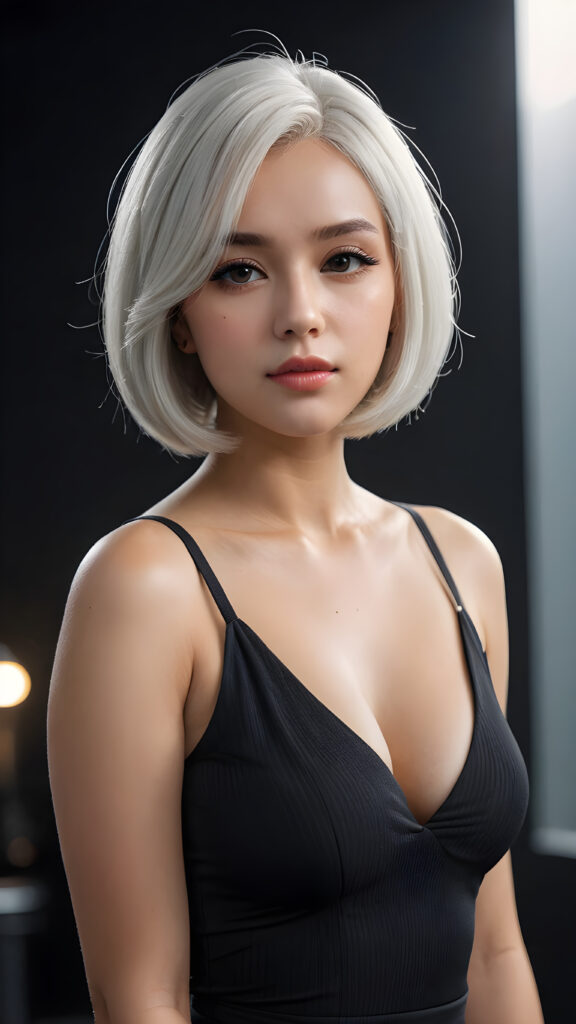 a (((beautiful well busty girl))) with a (((bob cut hair style, soft straight white hair))), accompanied by (((volumetric lighting))) that bring out the (masterpiece) details, all against a (plain, dark backdrop) that focuses on the (face) and its intricate, (hyper-realistic) features, captures the essence of (digital art), ((black dressed in an short tank top, deep v-neck)) ((full body))