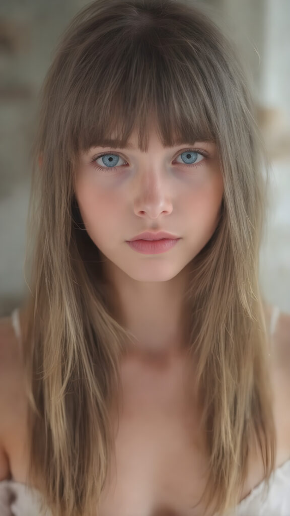 a (((beautiful young girl looks like a doll))), with ((extremely long, straight, thick, untucked soft brown hair, bangs)), and ((big, expressive, bright, natural light blue eyes)), that convey a sense of youthful allure. Her ((skin is flawless)). She's ((busty)), with ((big, round, full, slightly parted lips that add to her enchanting smile)). Her ((almond skin)) adds to her ((natural beauty)), with ((long, sheer, thin, tight tank top)), light grey studio backdrop