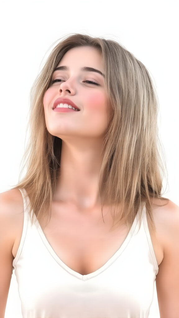 a (((beautiful well busty young teen girl))), with straight (((light soft amber hair))) styled in a cropped and tight fitting (((light amber short tank top, deep v-neck))). She has closed eyes and wide open mouth and white teeth and enjoy her desire, her head is tilted back and looks into the air. Round detailed cute face. She exudes a youthful vibe, reminiscent of a high school girl, with a petite, yet perfectly proportioned figure, that perfectly complements her advanced features and advanced beauty, white backdrop, side view, whole body