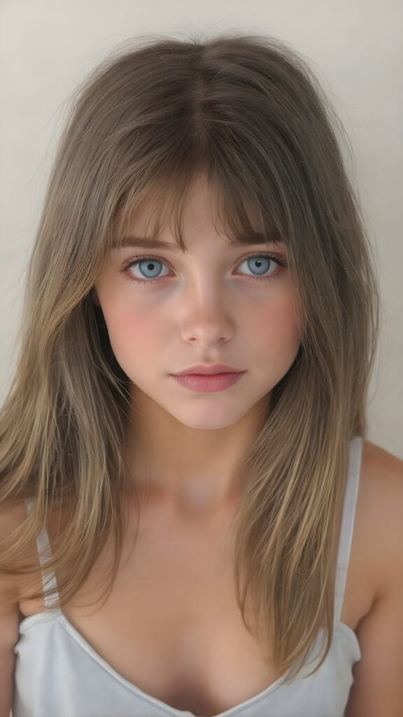 a (((beautiful, cute, and slender young girl))), with (light tan skin) and (very long, straight, thick, dark brown hair) that gives off a youthful glow, paired with (adorable puffy light blue eyes) that emit a sense of realism, all framed by a cozy (pastel color cropped short spaghetti tank top, deep v-neck) and (matching pastel blue jeans) cut in a (soft, pastel aesthetic) style that complements her (cheerful, happy expression) full body view