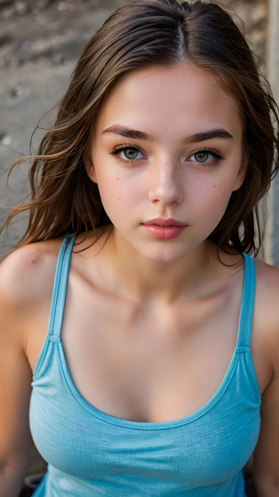 a (((beautiful young teen girl))) (((detailed perspective from above))), clad in a (((tank top))), with delicate features and (full, kissable lips), soft long straight hair, she closed her eyes and opened her mouth slightly.