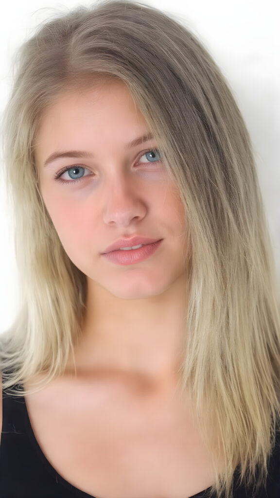 a (((beautiful busty young teen girl))), with straight (((light blond hair))) styled in a cropped and tight fitting (((black short tank top))). Her smile comes alive, revealing naturally full lips that match the perfect shade of detail and clarity. She exudes a youthful vibe, reminiscent of a high school senior, with a petite, yet perfectly proportioned figure, that perfectly complements her advanced features and advanced beauty, white backdrop