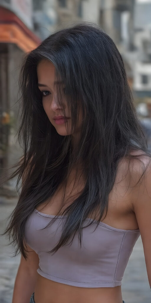 a (((beautiful young well busty girl, perfect curved body))), with flowing, (((soft long straight obsidian black hair))). She is dressed in a sleek, (cropped short tank top, deep v-neck), photograph, stands in the street, side view