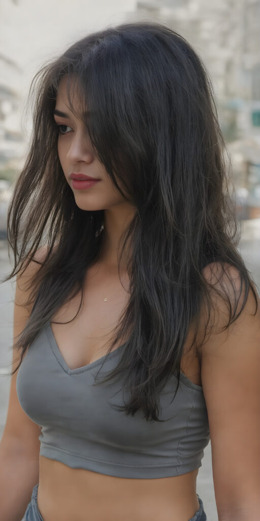 a (((beautiful young well busty girl, perfect curved body))), with flowing, (((soft long straight obsidian black hair))). She is dressed in a sleek, (cropped short tank top, deep v-neck), photograph, stands in the street, side view