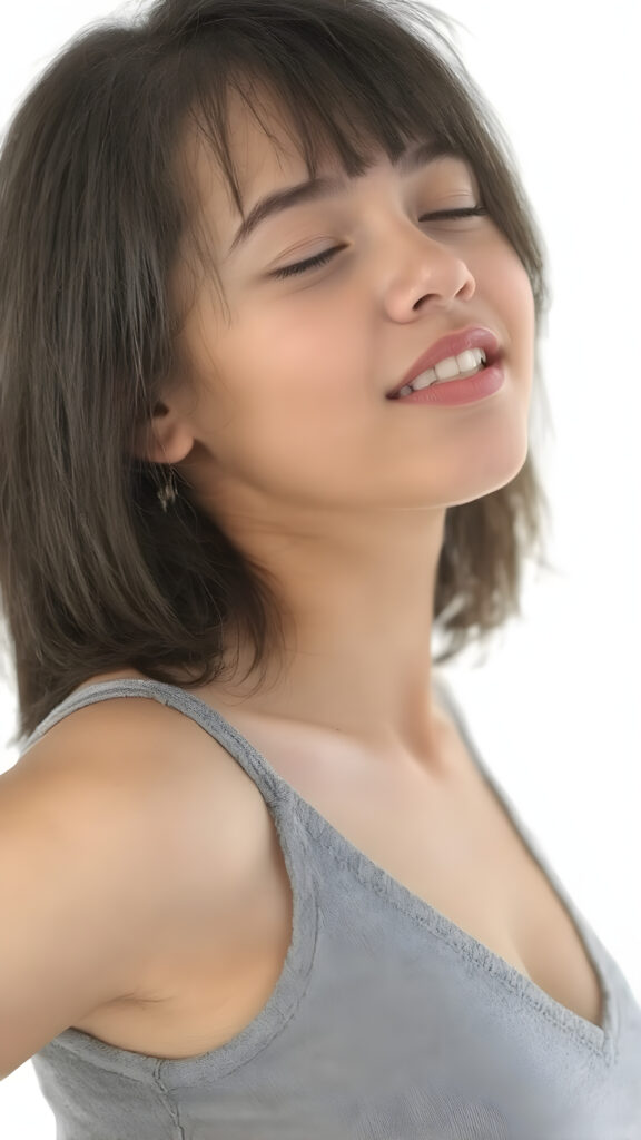 a (((beautiful busty young teen girl))), with straight (((light soft black hair))) styled in a cropped and tight fitting (((grey short tank top, deep v-neck, cute detailed belly button))). She has closed eyes and wide open mouth and enjoy her desire, her head is tilted back and looks into the air. Round detailed cute face. She exudes a youthful vibe, with a petite, yet perfectly proportioned figure, that perfectly complements her advanced features and advanced beauty, white backdrop, side view