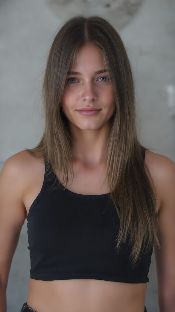 a (((beautiful, charming, alluring and captivating busty teen girl))), with straight, (((brown hair))), that perfectly frames her face, paired with (((flared and sleek black jeans))), accentuated by a (((very slight smile))), which gives off an air of sophistication and seduction