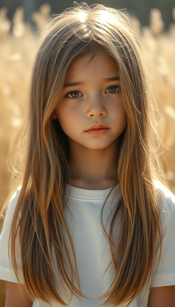 a beautiful detailed drawing from a cute little girl, with (((long, silky straight brown and blonde hair))) that flows down to her back, framing a ((softly curved body)), accentuated by a (sun-kissed glow) that gives off an air of innocent beauty. Round angelic face. Her ((natural, warm skin)) adds a touch of realism to this image, which evokes a sense of youthful wonder and nostalgia. She's looking into the camera, with her ((cheekbones)) and ((almond skin)) contrasting against the (golden glow) backdrop. She wears a plain, white t-shirt.