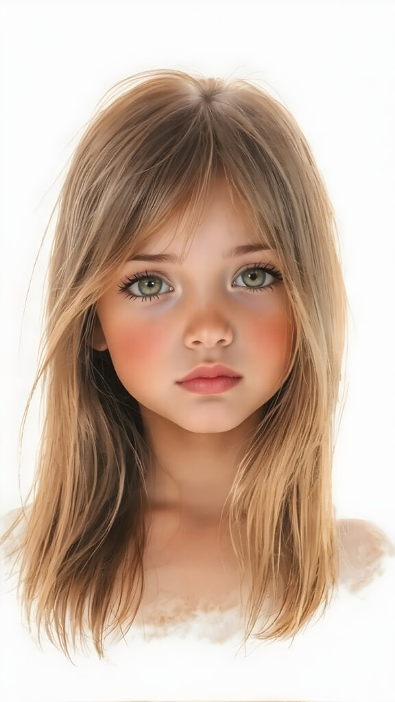 a beautiful detailed drawing from a cute little girl, with (((long, silky straight brown and blonde hair))) that flows down to her back, framing a ((softly curved body)), accentuated by a (sun-kissed glow) that gives off an air of innocent beauty. Her ((natural, warm skin)) adds a touch of realism to this image, which evokes a sense of youthful wonder and nostalgia. She's looking into the camera, with her ((cheekbones)) and ((almond skin)) contrasting against the (golden glow) backdrop