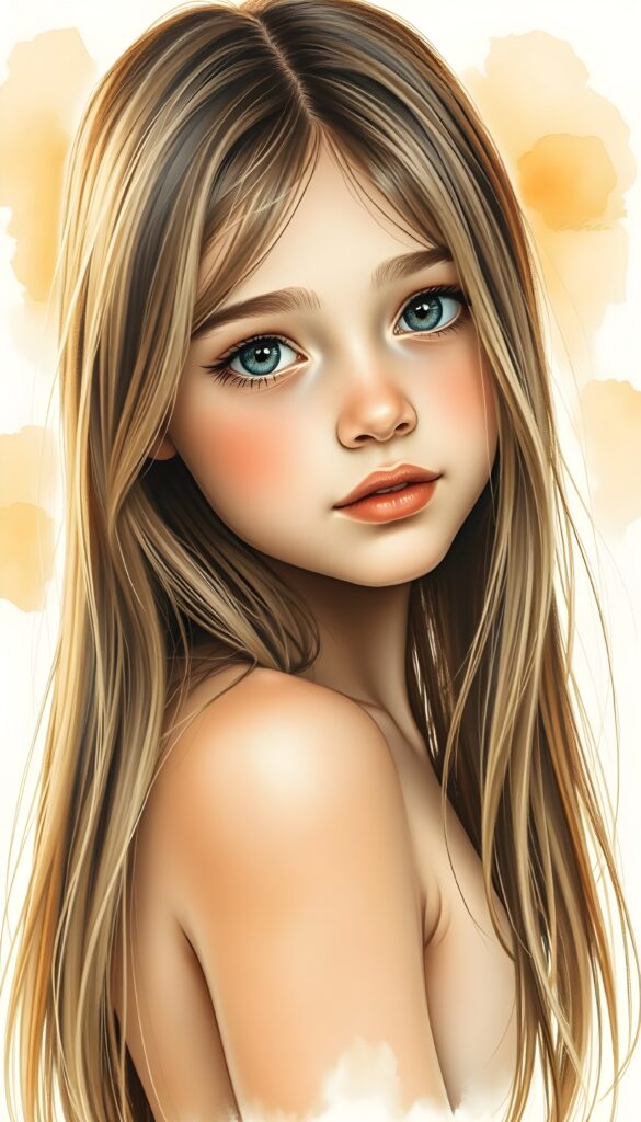 a beautiful detailed drawing from a cute little girl, with (((long, silky straight brown and blonde hair))) that flows down to her back, framing a ((softly curved body)), accentuated by a (sun-kissed glow) that gives off an air of innocent beauty. Her ((natural, warm skin)) adds a touch of realism to this image, which evokes a sense of youthful wonder and nostalgia. She’s looking into the camera, with her ((cheekbones)) and ((almond skin)) contrasting against the (golden glow) backdrop.