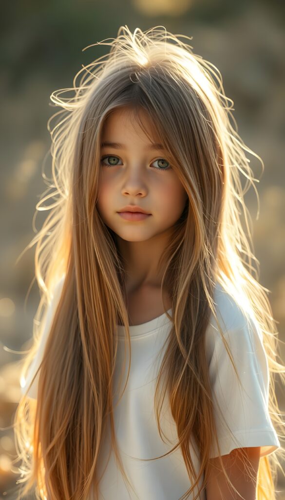 a beautiful detailed drawing from a cute little girl, with (((long, silky straight brown and blonde hair))) that flows down to her back, framing a ((softly curved body)), accentuated by a (sun-kissed glow) that gives off an air of innocent beauty. Round angelic face. Her ((natural, warm skin)) adds a touch of realism to this image, which evokes a sense of youthful wonder and nostalgia. She's looking into the camera, with her ((cheekbones)) and ((almond skin)) contrasting against the (golden glow) backdrop. She wears a plain, white t-shirt.
